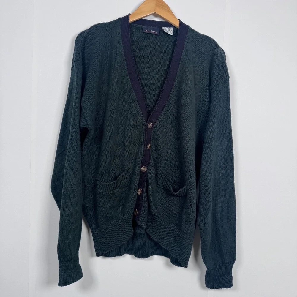 VTG Mark Shale Cardigan Sweater Men L Green Cotton V-Neck Vintage Grandpacore